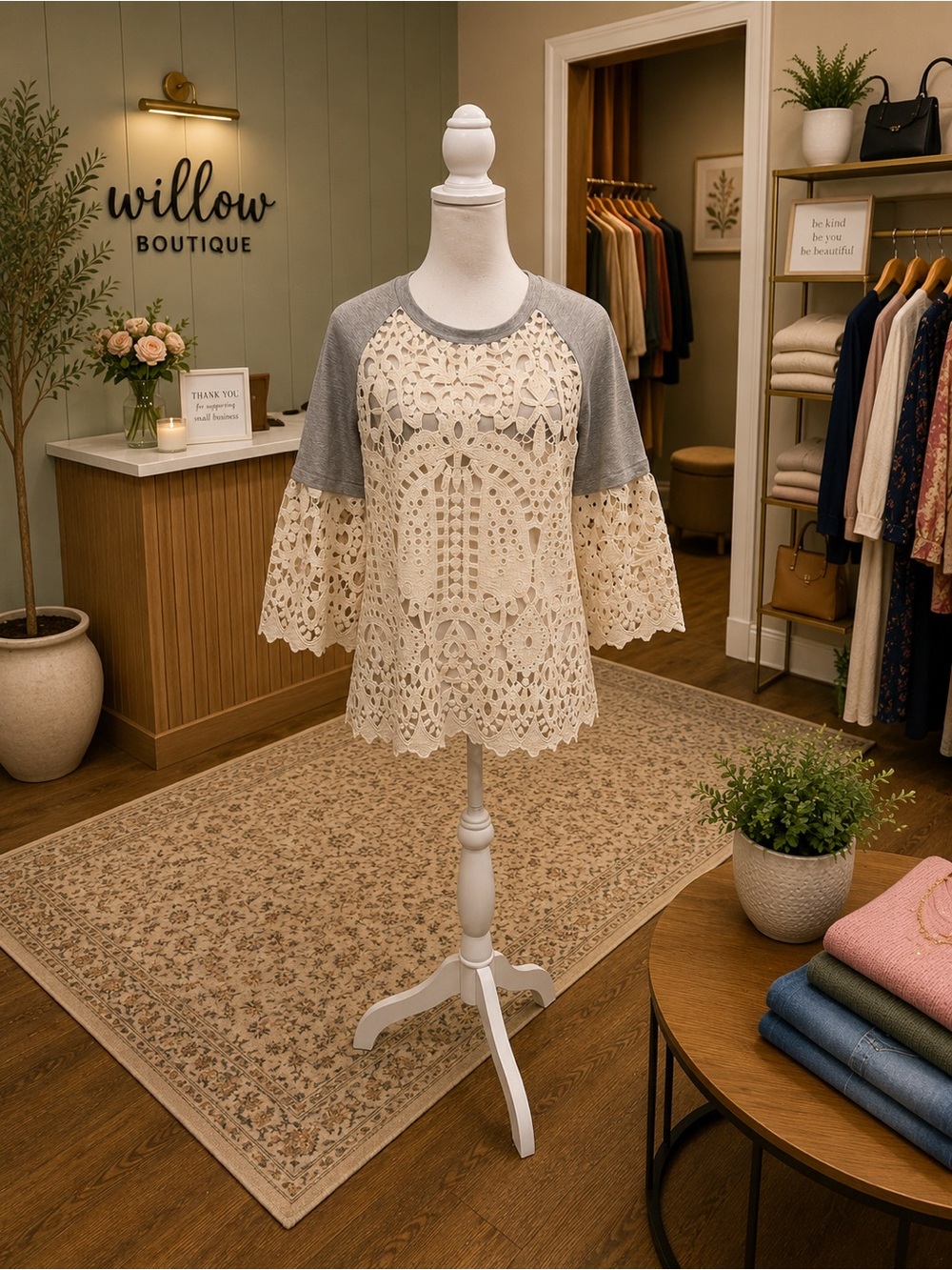 See and Be Seen Medium Cream Lace Bell Sleeve Raglan Top